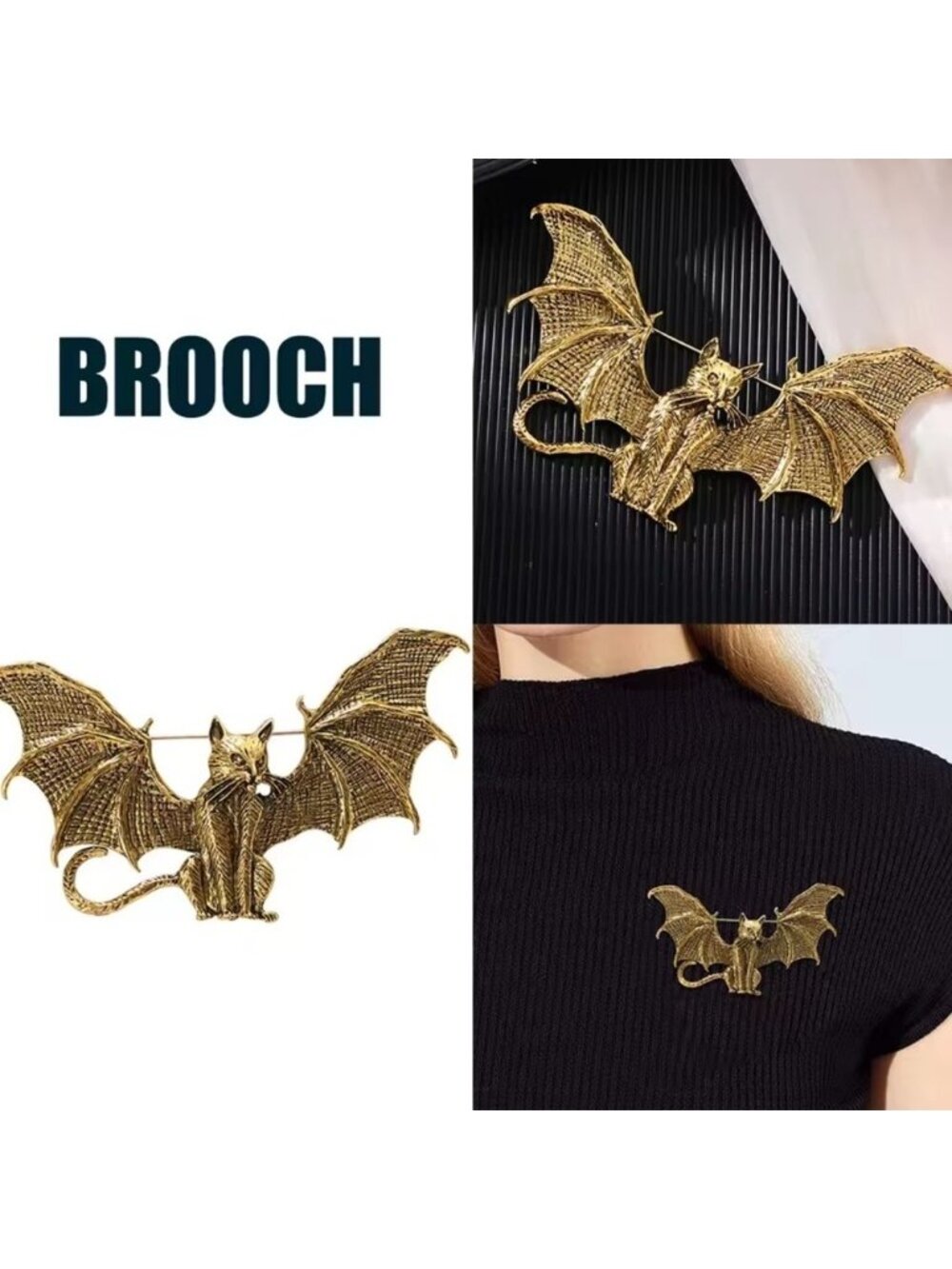 Gothic Bat Cat Brass Brooch - Picture 6 of 14